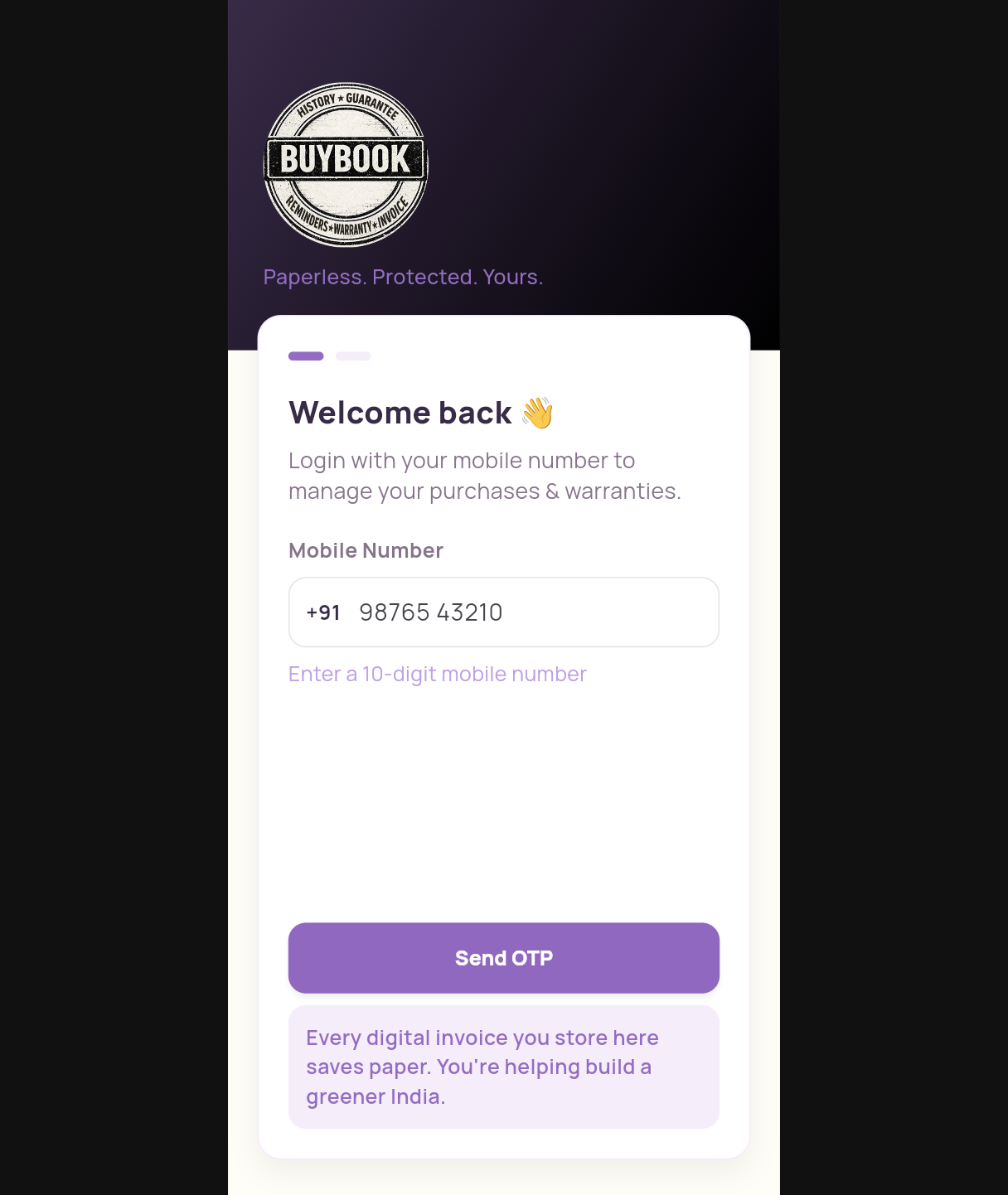 CBuyBook login: mobile number and Send OTP, with the BuyBook stamp
