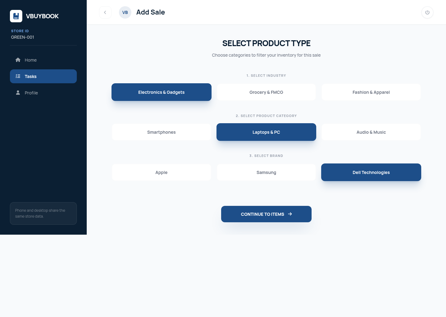Add Sale: pick industry, product, and brand