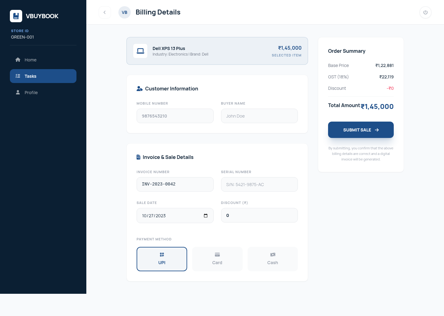 VBuyBook billing details for a sale