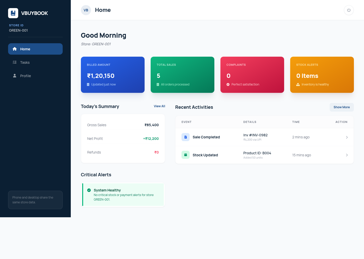 VBuyBook desktop home with billed amount, sales, complaints, and stock alerts