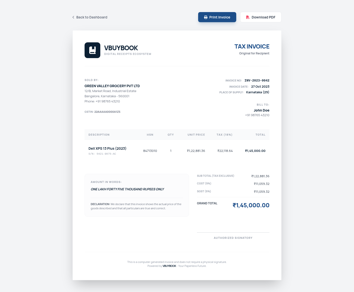 VBuyBook invoice after a sale