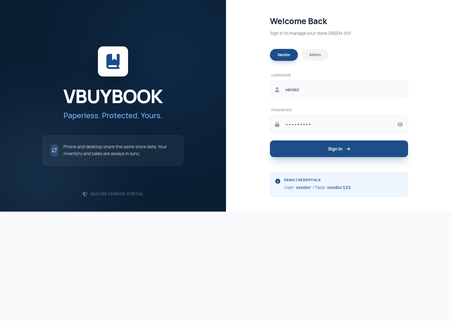 VBuyBook console login for vendor and admin