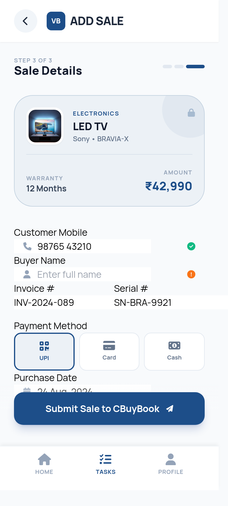 Submit sale to CBuyBook with buyer mobile and invoice details