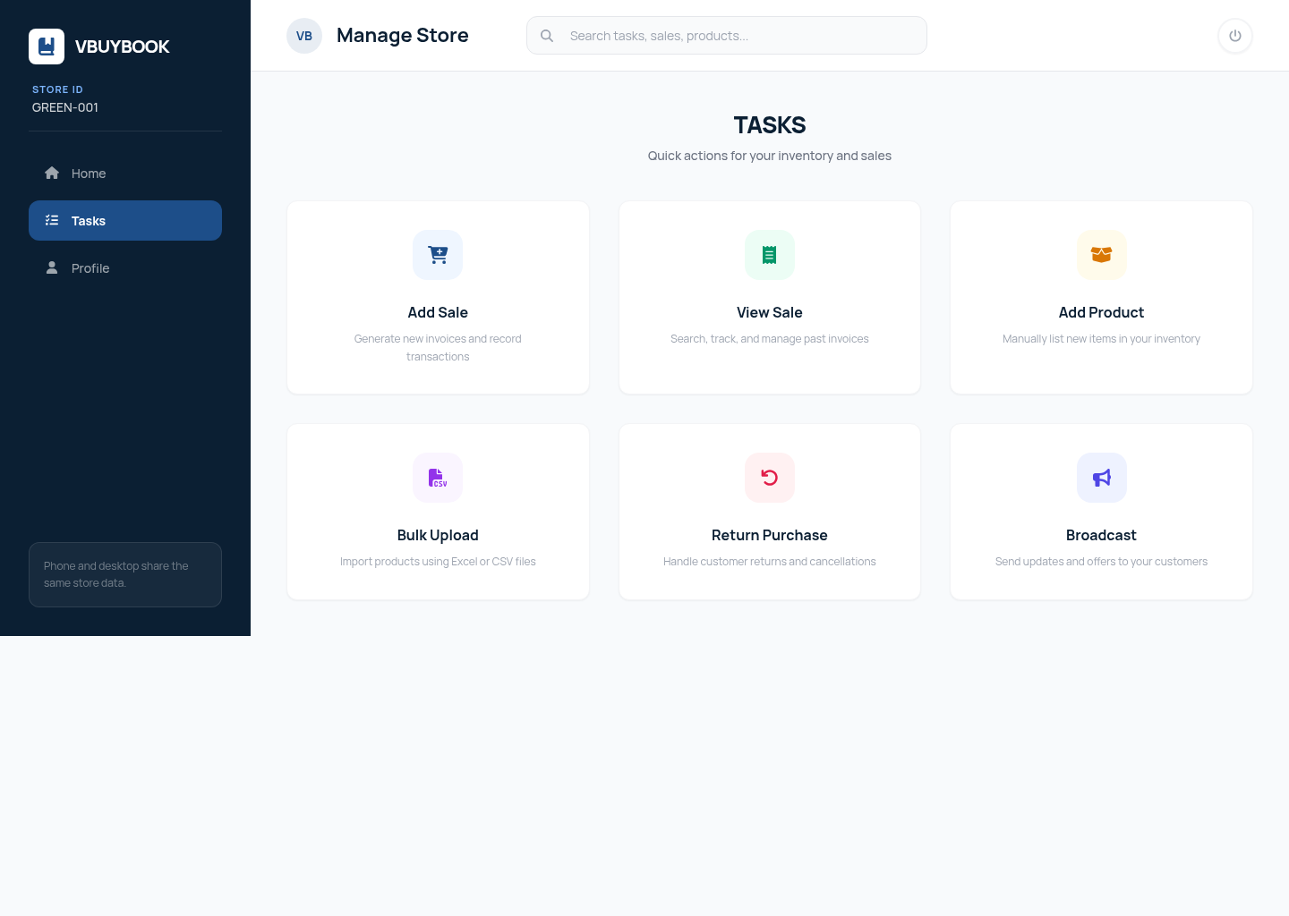 VBuyBook desktop tasks: add sale, add product, view sales, complaints